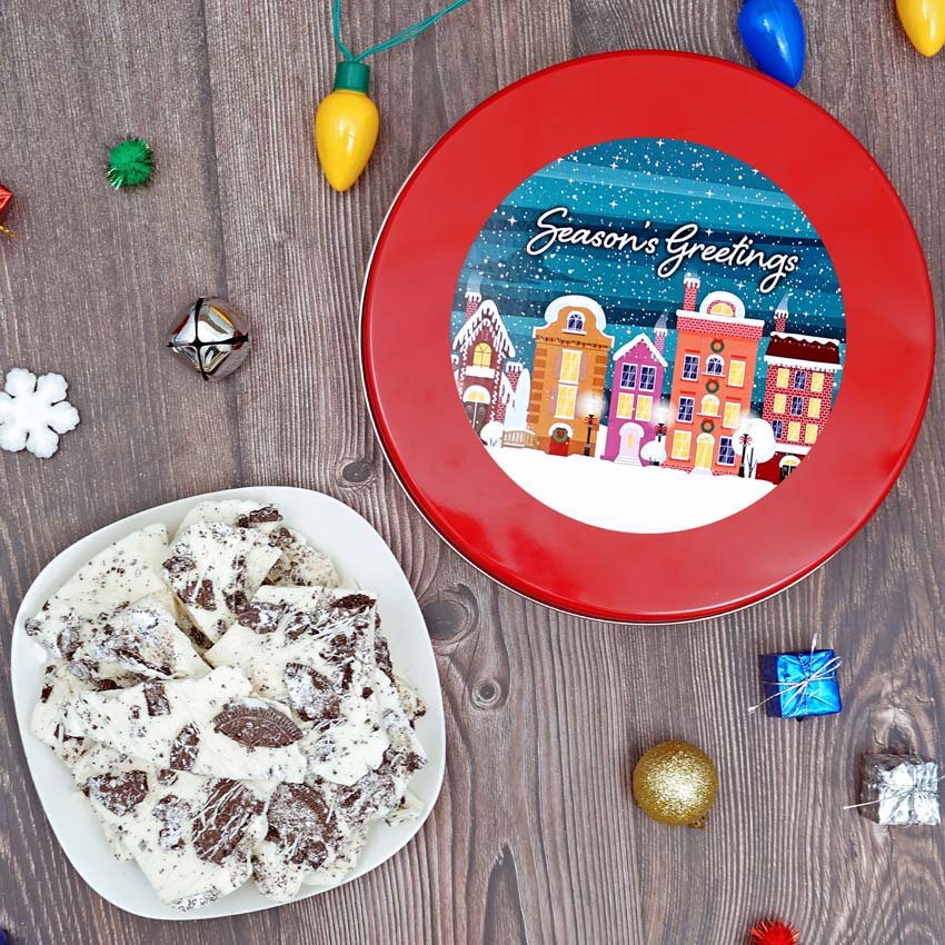 Cookies and Cream Chocolate Bark 20oz Tin Hampton Popcorn