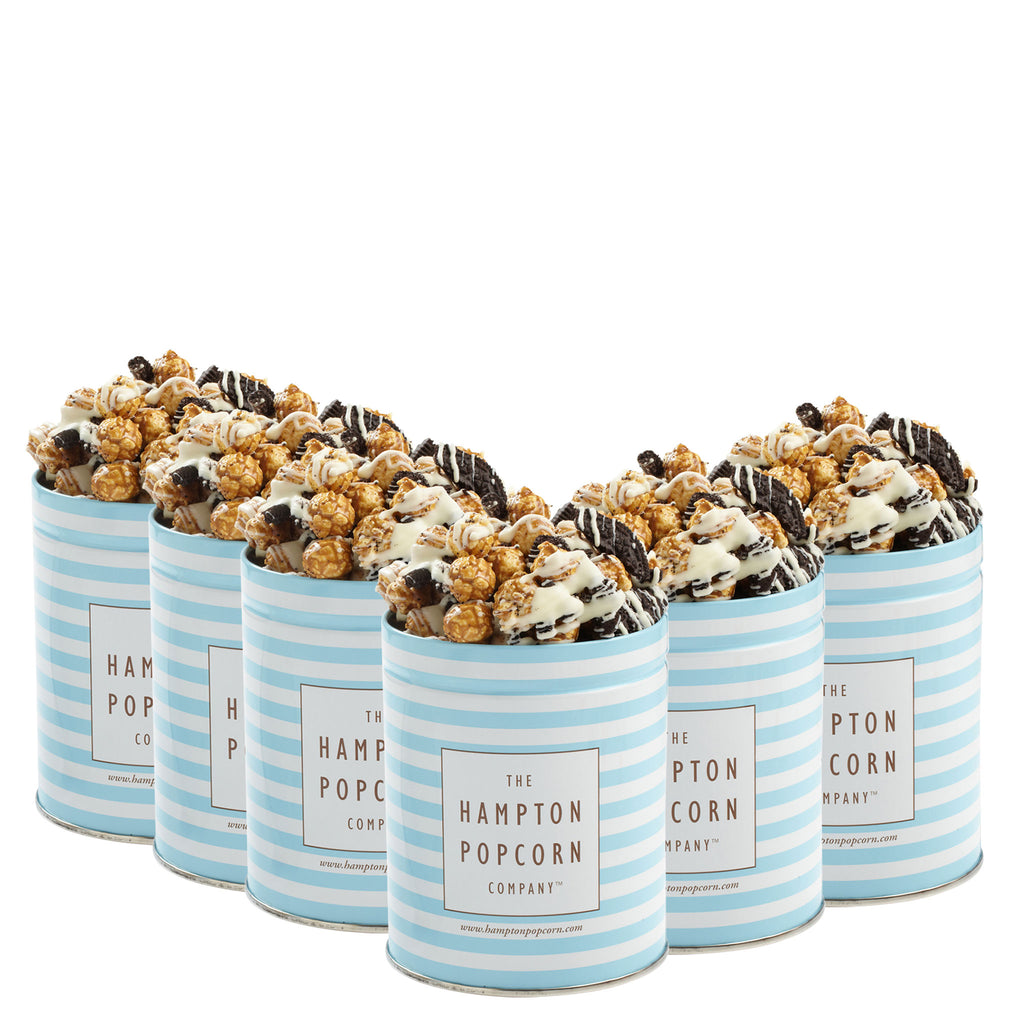 This is a 6 pack of classic quart tins with cookies and cream popcorn.