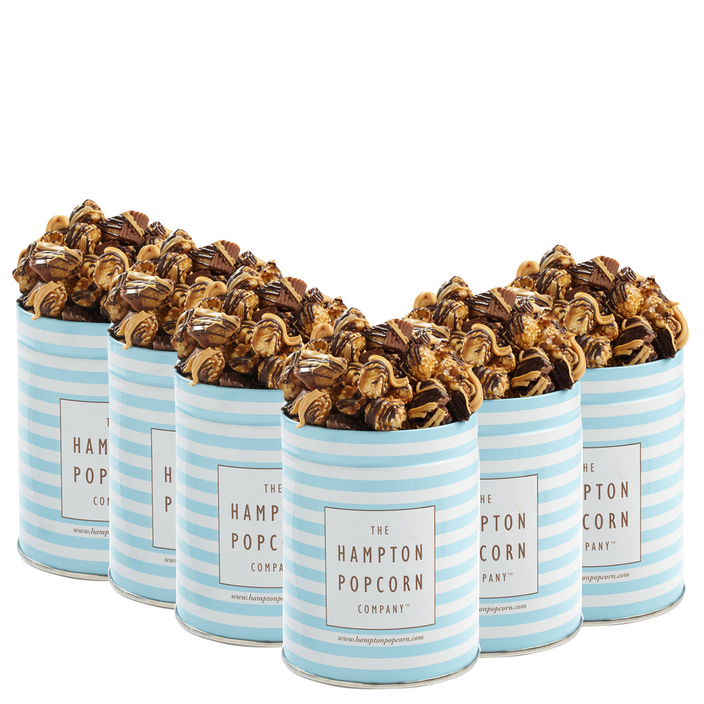 This is a 6 pack of classic quart tins with peanut butter cup popcorn.