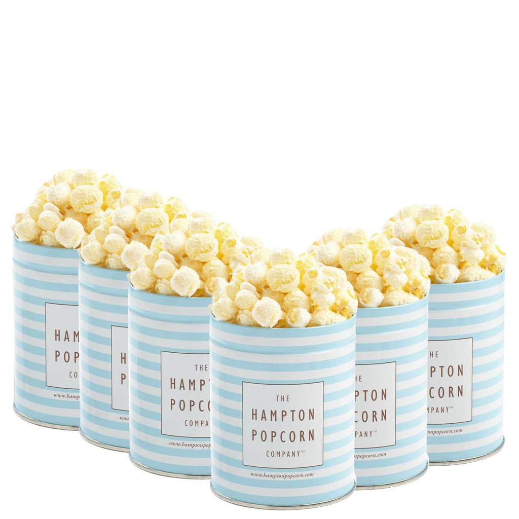 This is a 6 pack of classic quart tins with white cheddar cheese popcorn.