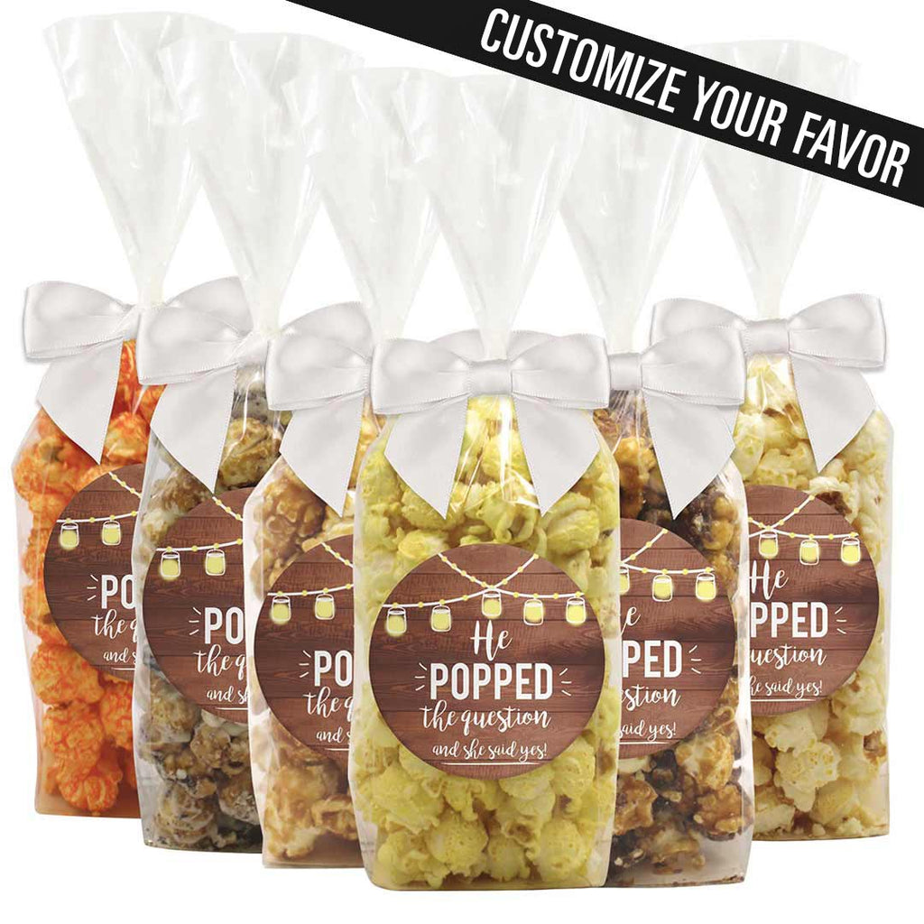 "He Popped The Question, And She Said Yes" - Rustic Wood Lights Engagement / Wedding Popcorn Favors - 12 Pack