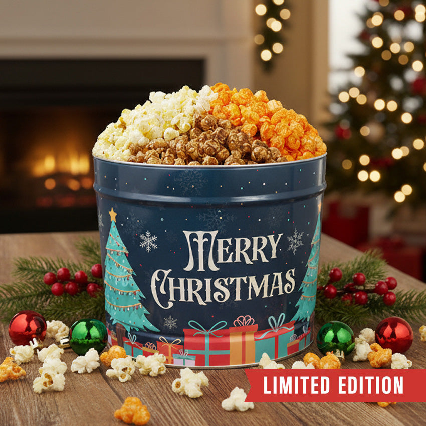 3 Flavor Hampton Classic: 2 Gallon Merry Christmas Tree & Gifts Popcorn Tin