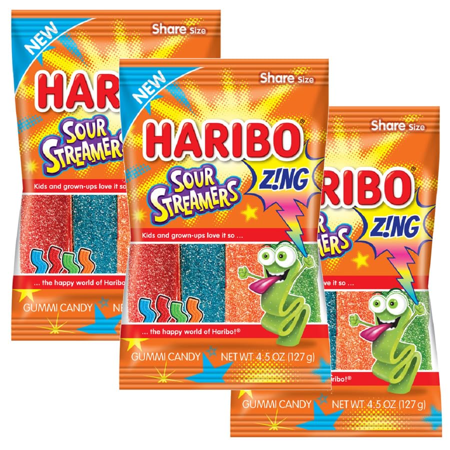 Haribo Zing Sour Streamers, 4.5oz Gummy Candy Bag (3 Pack)