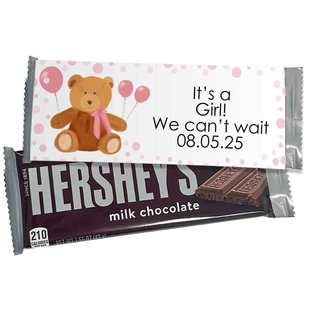 Personalized Pink Bear Balloons Hershey's Candy Chocolate Bars - 12 Pack