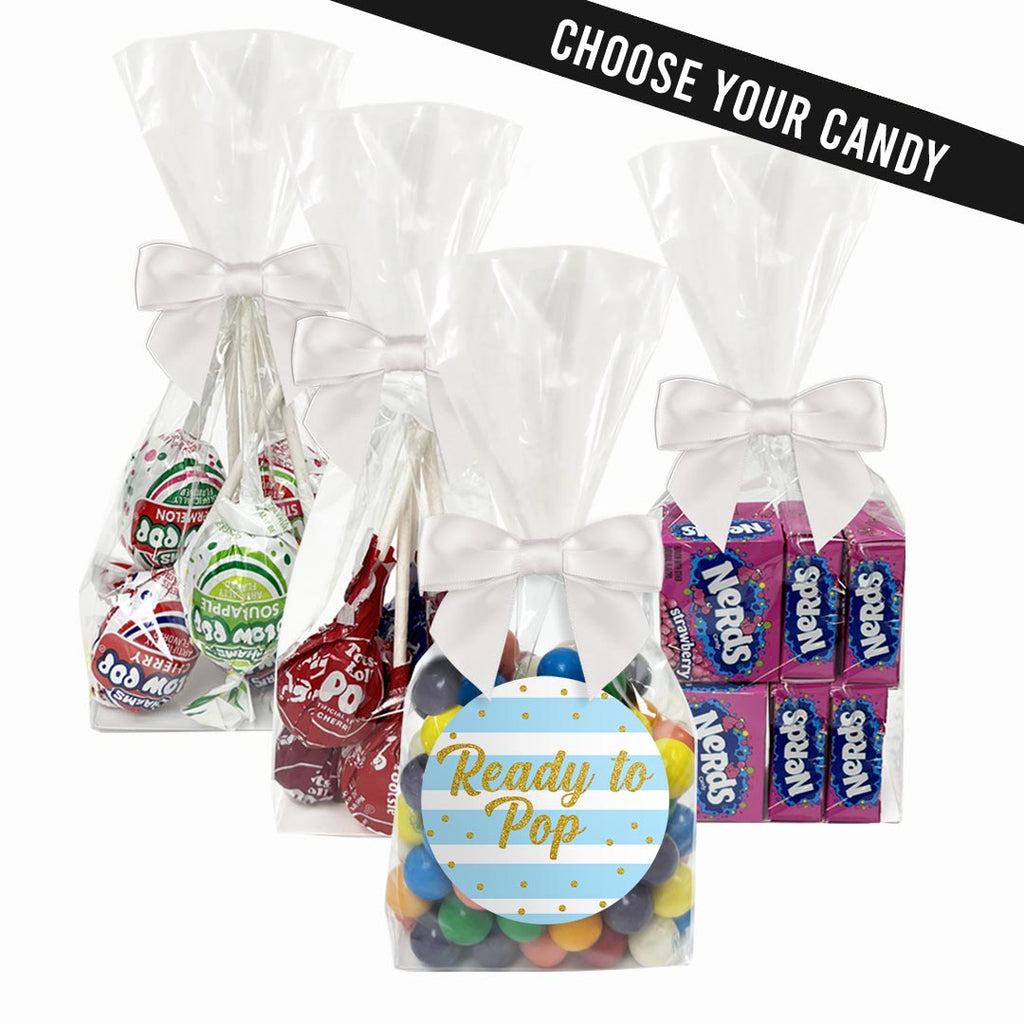 "Ready To Pop" - Blue Stripes Confetti Baby Shower Personalized Candy Favors - 12 Pack