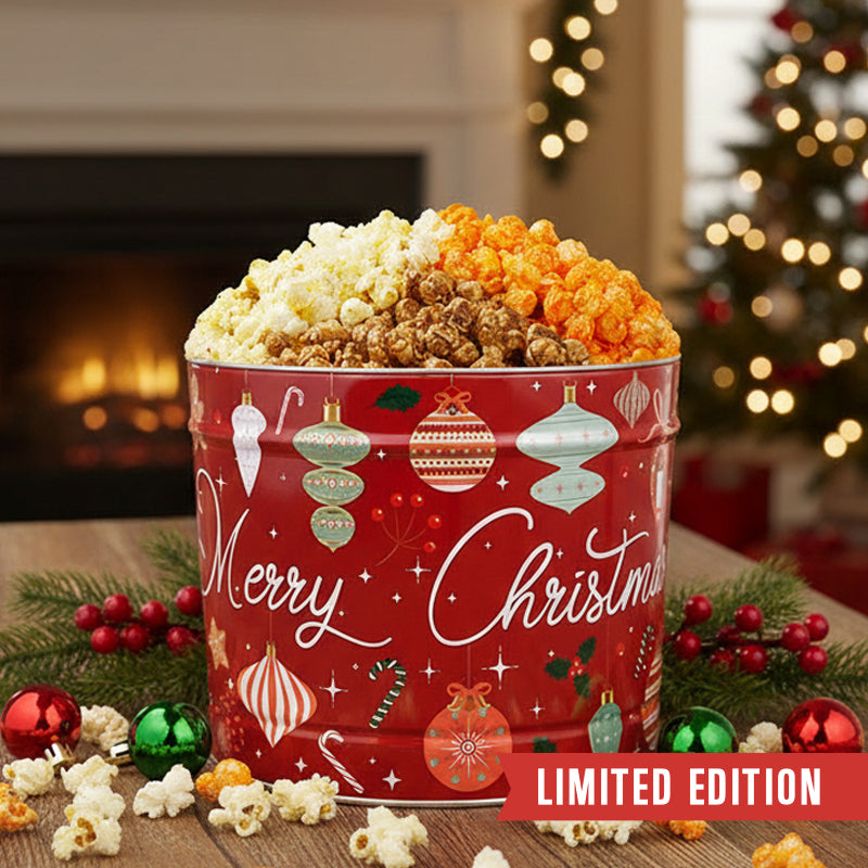 3 Flavor Hampton Classic: 2 Gallon Merry Christmas Ornaments Popcorn Tin