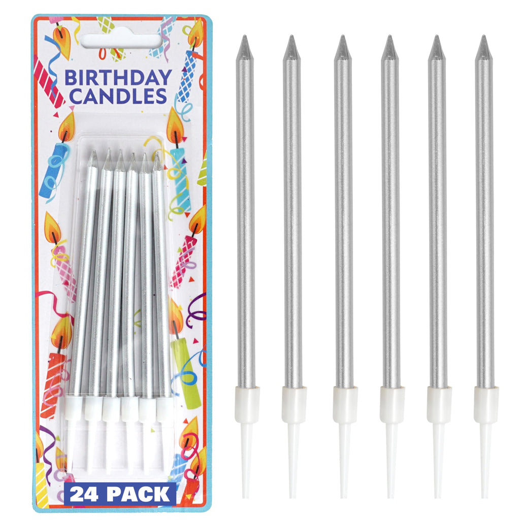 Silver Metallic Straight Candles, 24 Pack