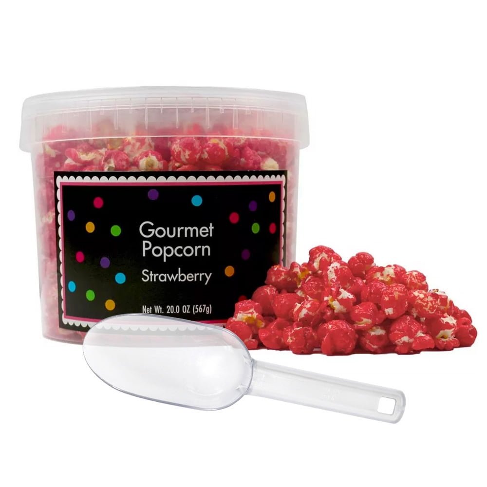 Red Popcorn Bucket with Scoop, 20 Ounce, Strawberry Flavored Popcorn