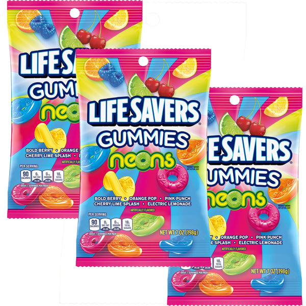 Life Savers Neons Gummies, 7oz Gummy Bag (3 Pack), Gummy Candy