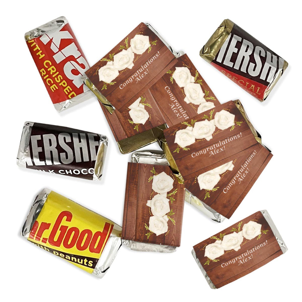 Personalized Wood White Floral Hershey's Miniatures Chocolate Candy Bars - 75 Pieces