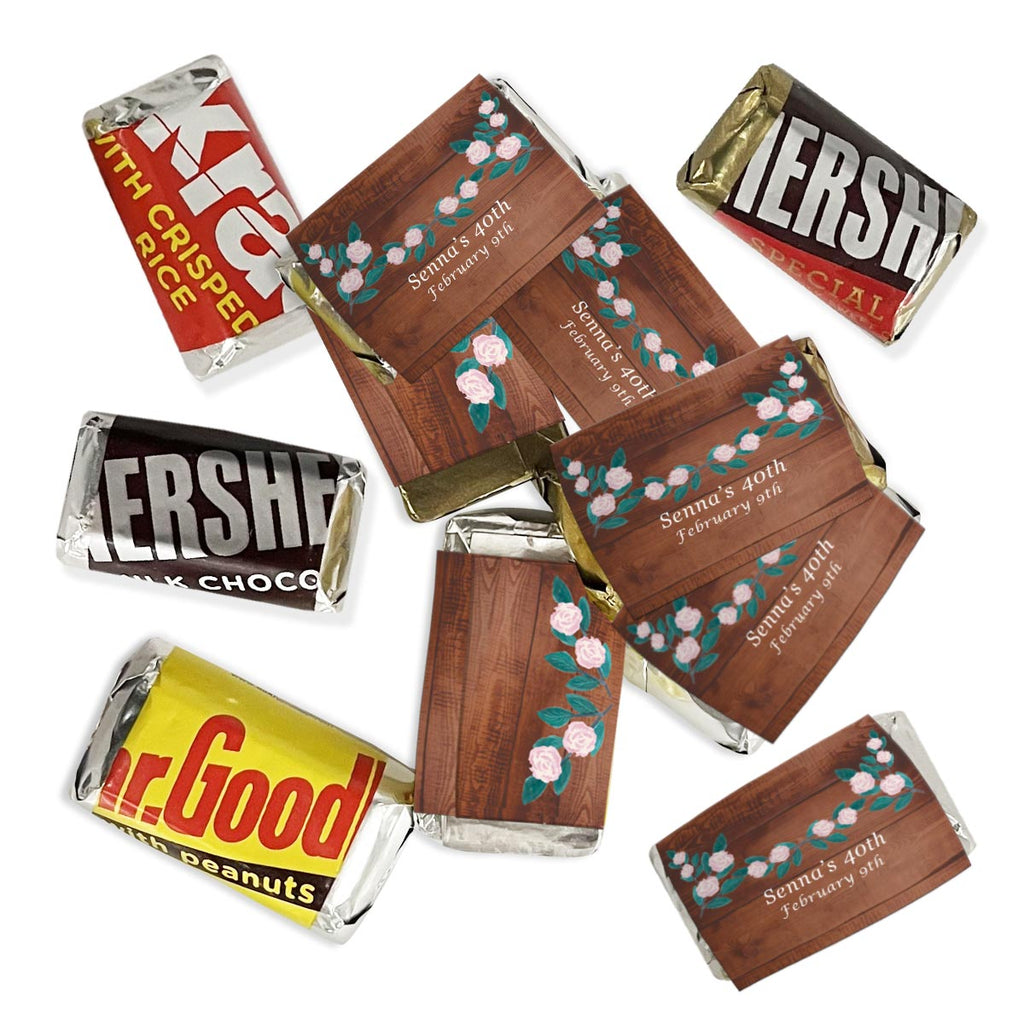 Personalized Wood Floral Hershey's Miniatures Chocolate Candy Bars - 75 Pieces