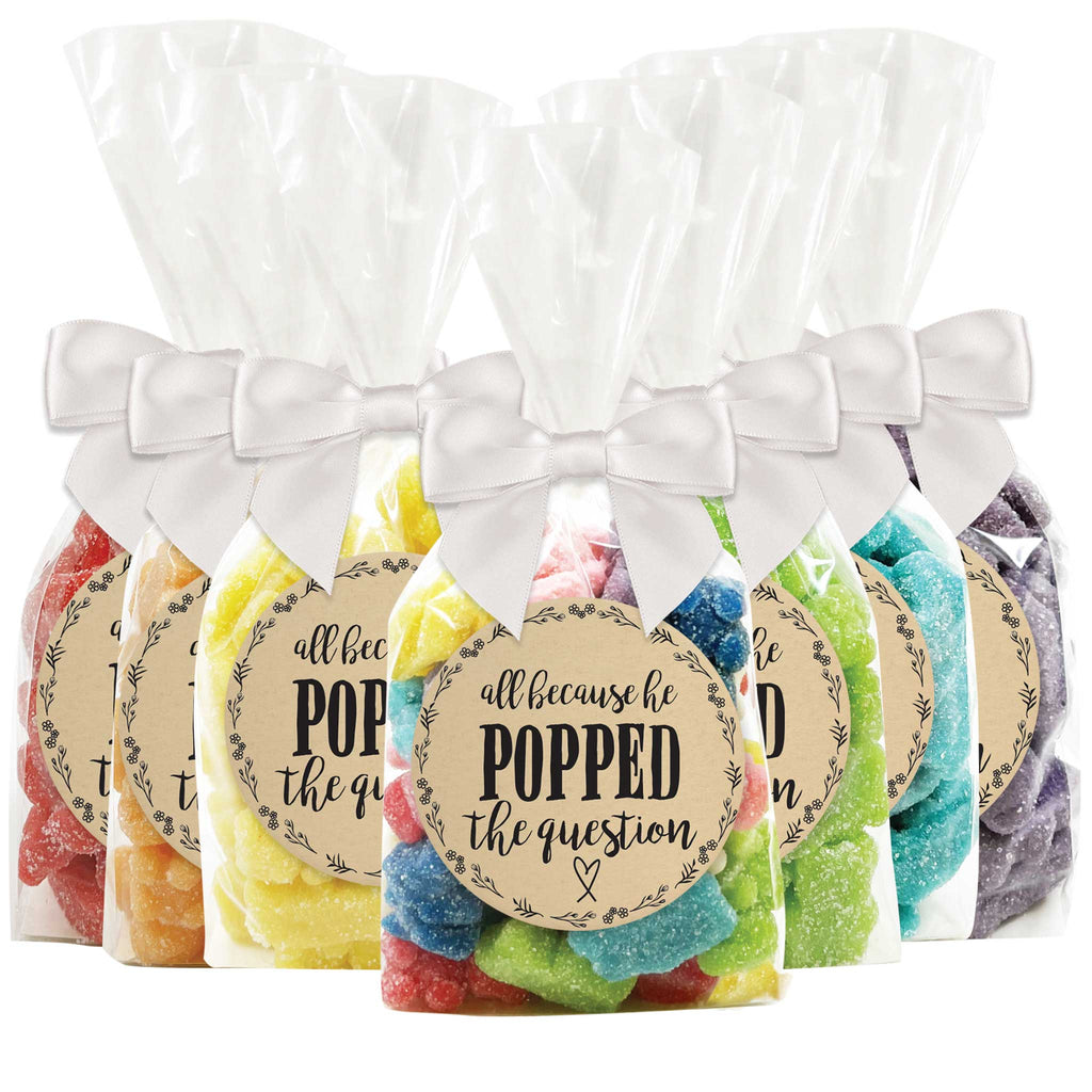 "All Because He Popped The Question" - Floral With Heart Engagement / Wedding Gummy Bear Candy Favors - 12 Pack