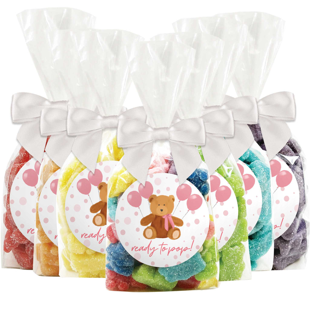 "Ready To Pop" - Pink Teddy Bear Baby Shower Gummy Bear Candy Favors - 12 Pack
