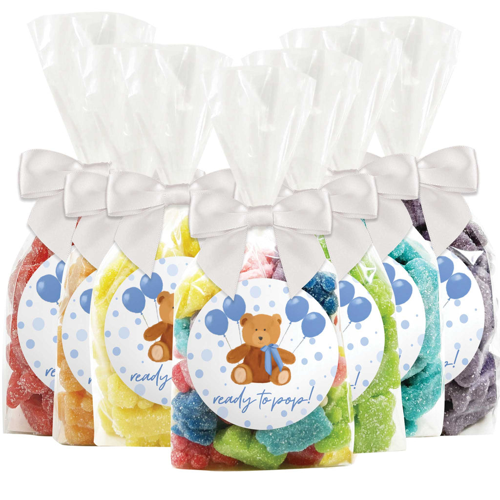 "Ready To Pop" - Blue Teddy Bear Baby Shower Gummy Bear Candy Favors - 12 Pack