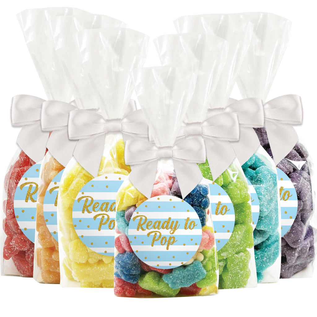 "Ready To Pop" - Blue Stripes Confetti Baby Shower Gummy Bear Candy Favors - 12 Pack