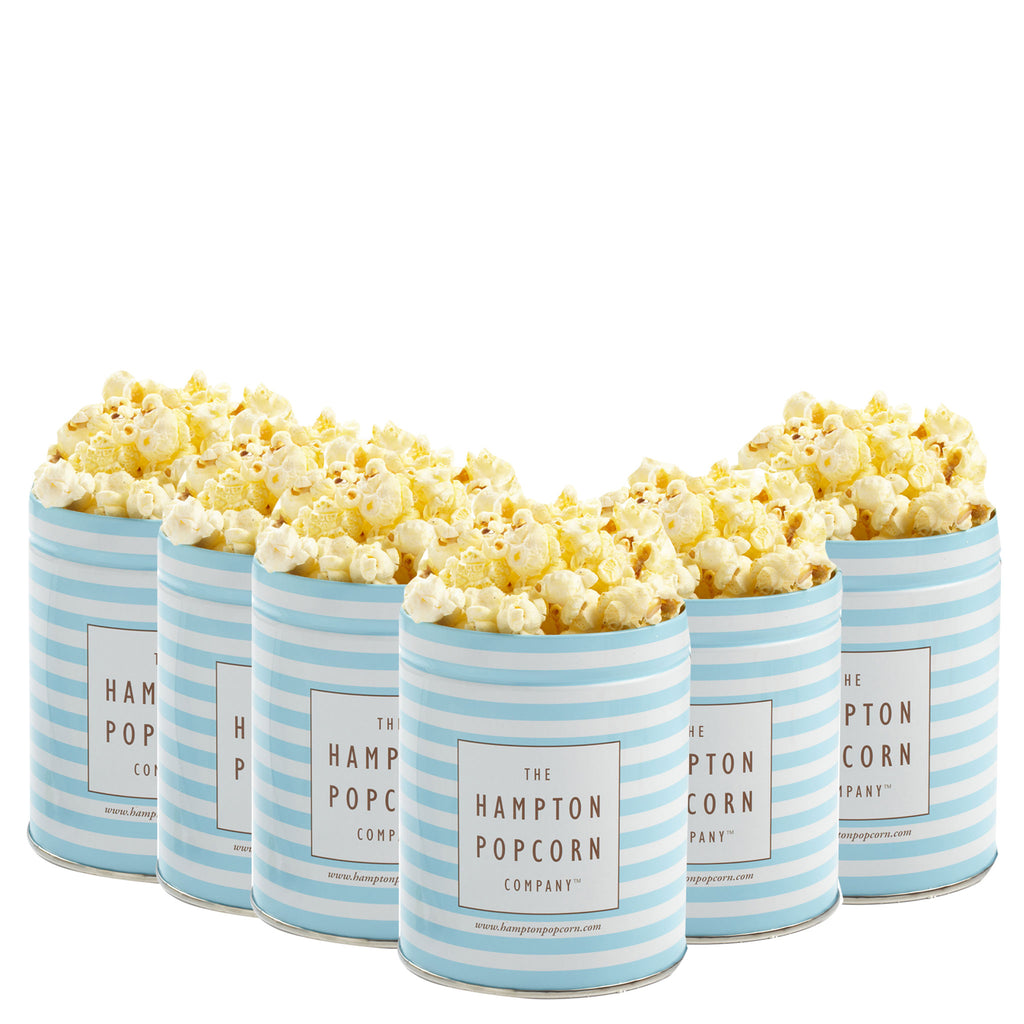 This is a 6 pack of classic quart tins with butter popcorn.
