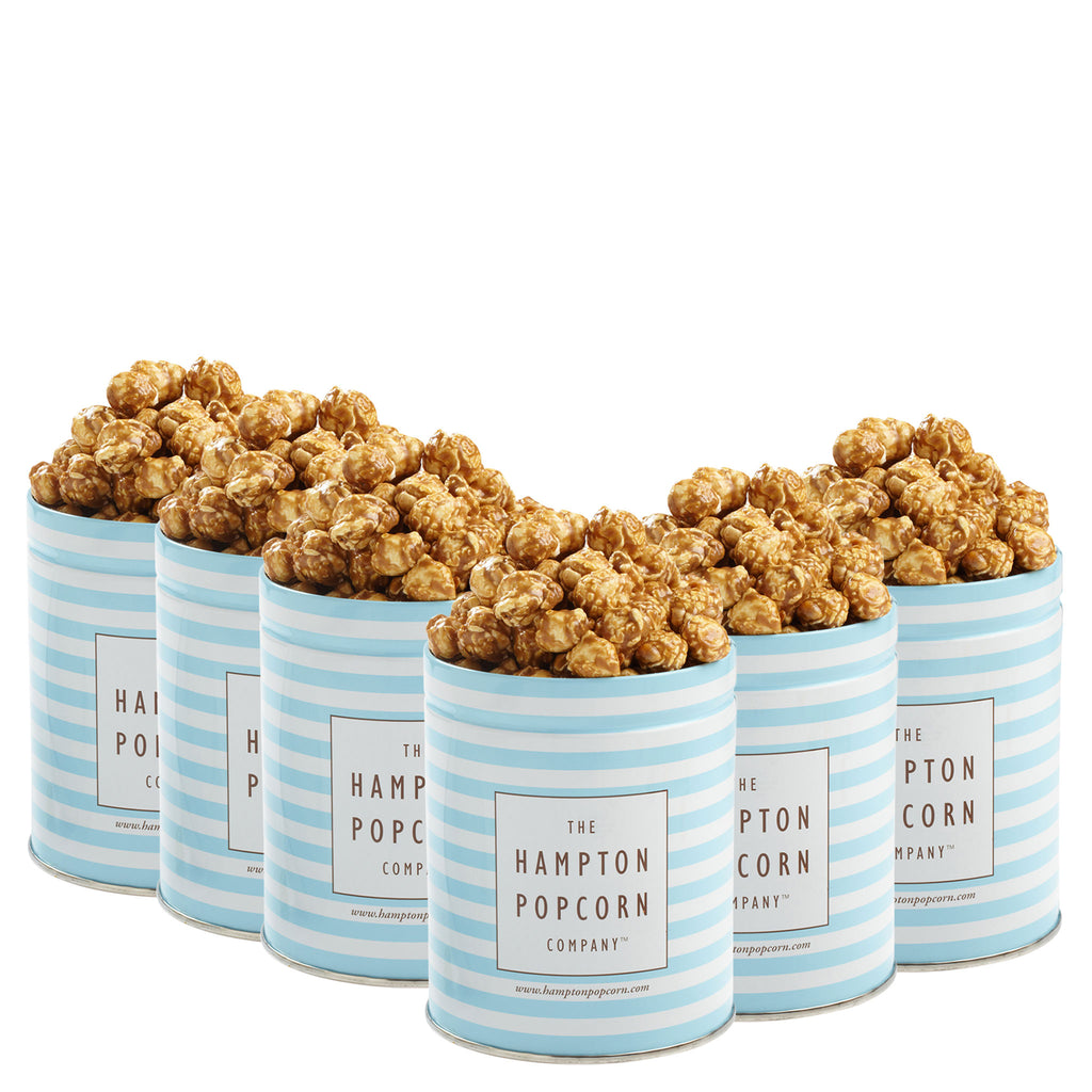 This is a 6 pack of classic quart tins with caramel popcorn.