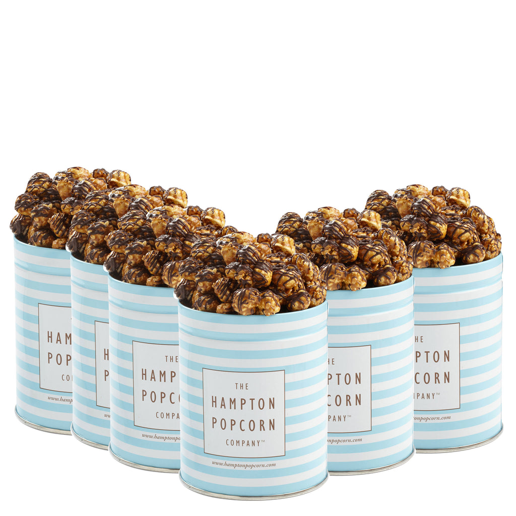 This is a 6 pack of classic quart tins with chocolate caramel sea salt crunch popcorn.