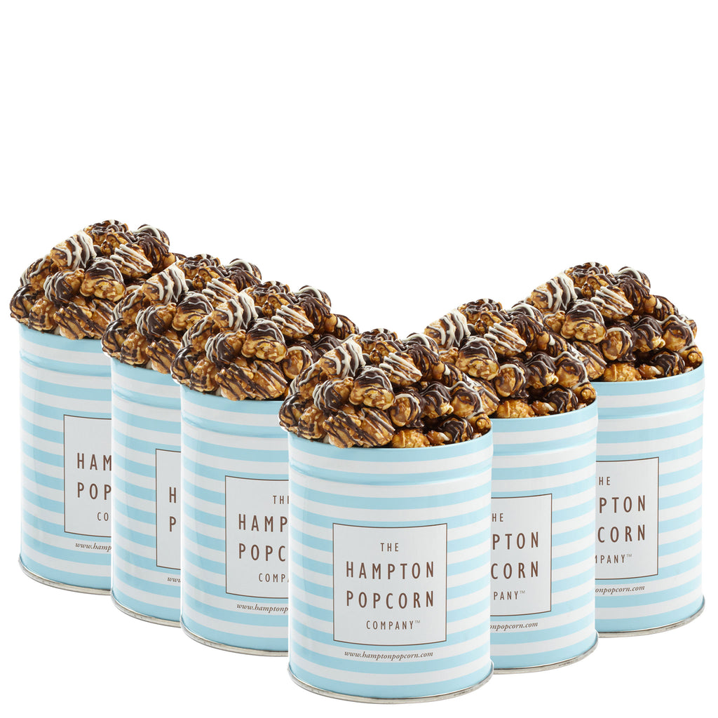 This is a 6 pack of classic quart tins with white and dark chocolate swirl popcorn.