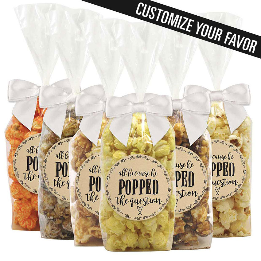 "All Because He Popped The Question" - Floral With Heart Engagement / Wedding Popcorn Favors - 12 Pack