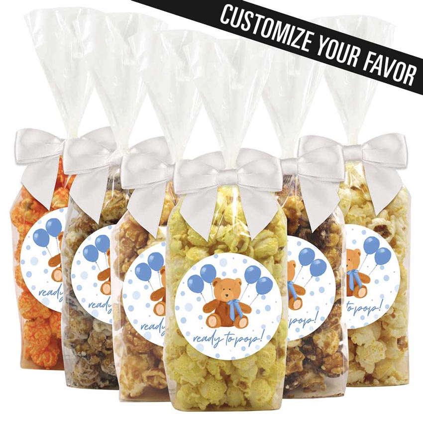 Ready To Pop Teddy Bear with Blue Balloons Popcorn Favors For Baby Shower