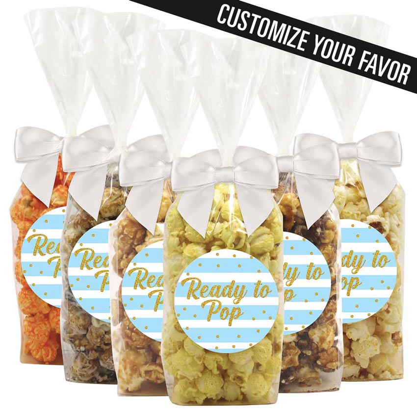 "Ready To Pop" - Blue Stripes Confetti Baby Shower Popcorn Favors - 12 Pack