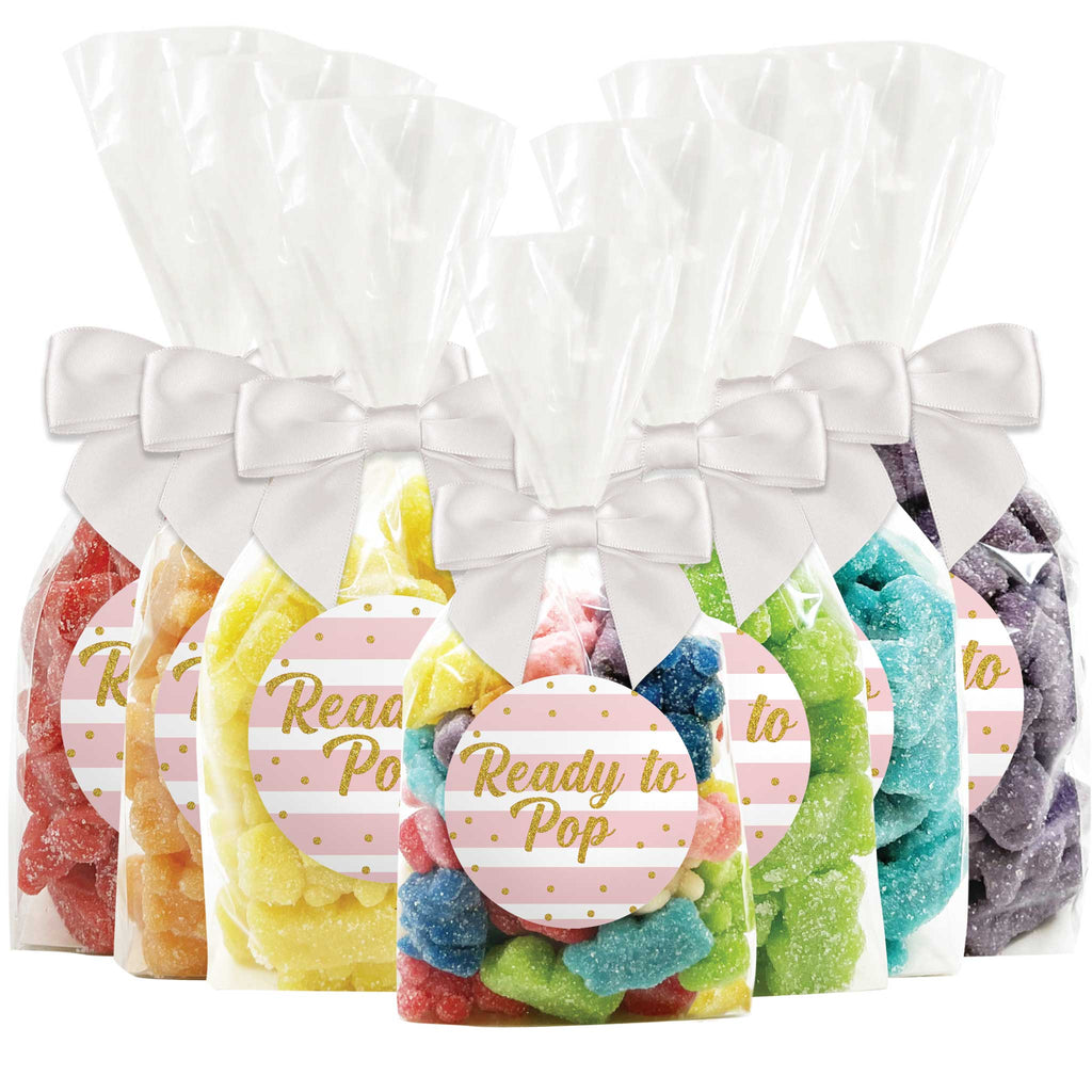 "Ready To Pop" - Pink Stripes Confetti Baby Shower Gummy Bear Candy Favors - 12 Pack