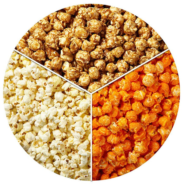 3 way popcorn tin featuring butter, caramel and orange cheddar cheese popcorn.